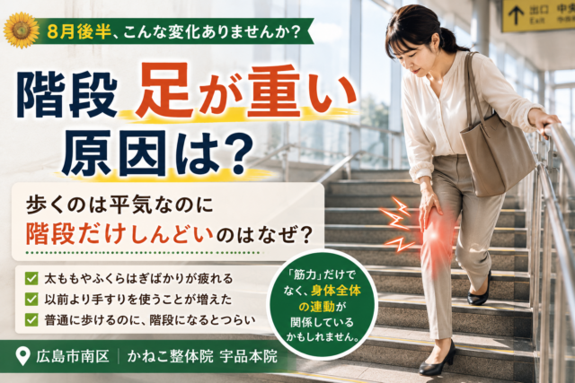 階段 足が重い 原因｜8月後半、歩けるのに階段だけ足が重く感じる理由｜広島市南区 かねこ整体院 宇品本院