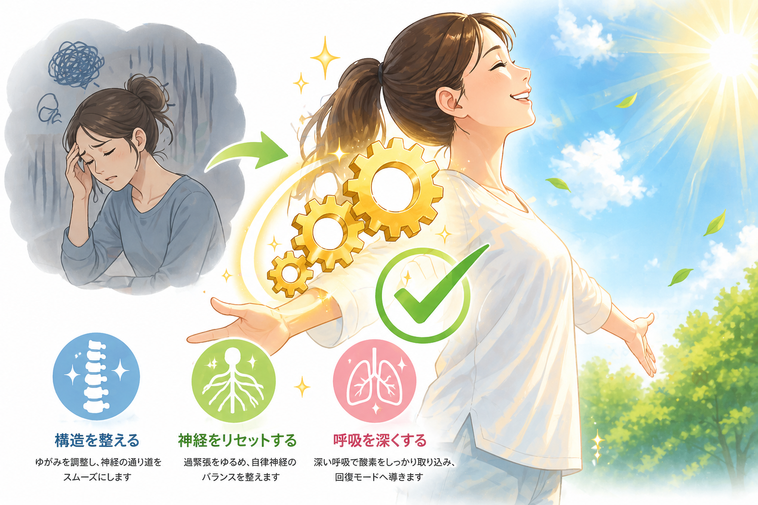 GW明けに疲れが取れない女性と回復スイッチが整った状態の比較イラスト
