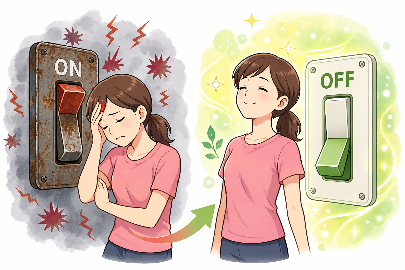 自律神経の乱れで疲れが取れない状態から回復できる身体に変わるイメージ（広島市南区の整体）
