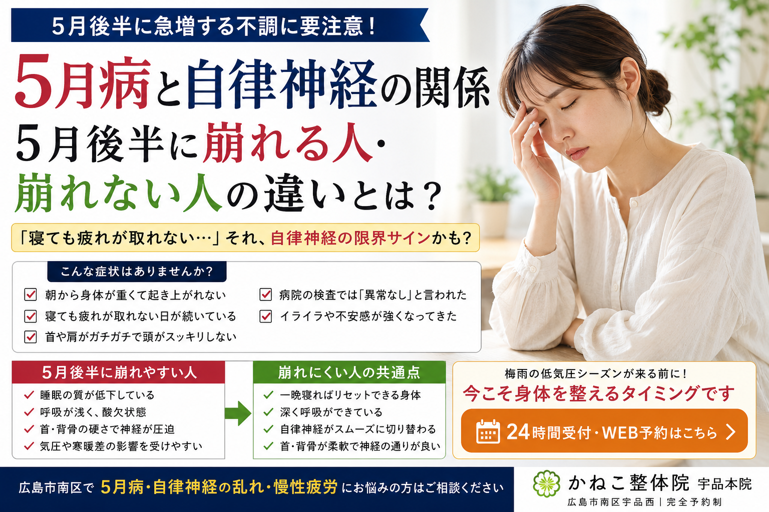 5月病と自律神経の乱れで朝から身体が重い女性｜広島市南区 かねこ整体院 宇品本院