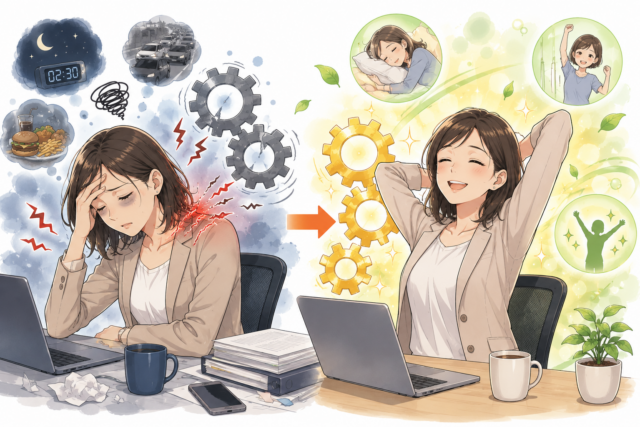 GW明けの自律神経の不調で疲労感や頭痛に悩む女性を表現した広島市南区かねこ整体院のイラスト