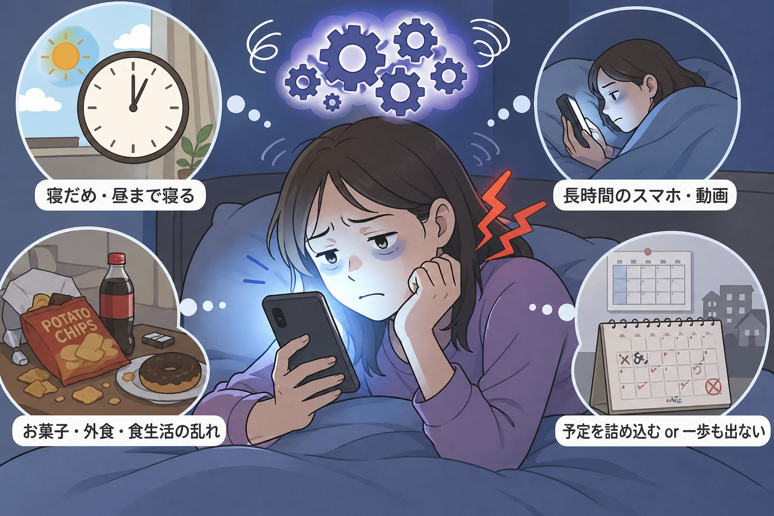 ゴールデンウィーク中の生活習慣の乱れによって自律神経が乱れるイメージ（広島市南区の整体院）
