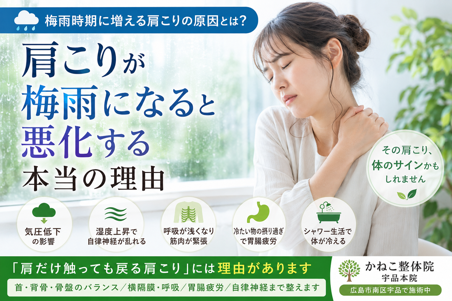肩こり が梅雨に悪化し首肩が重い・自律神経や胃腸疲労が関係する状態｜広島市南区 かねこ整体院 宇品本院