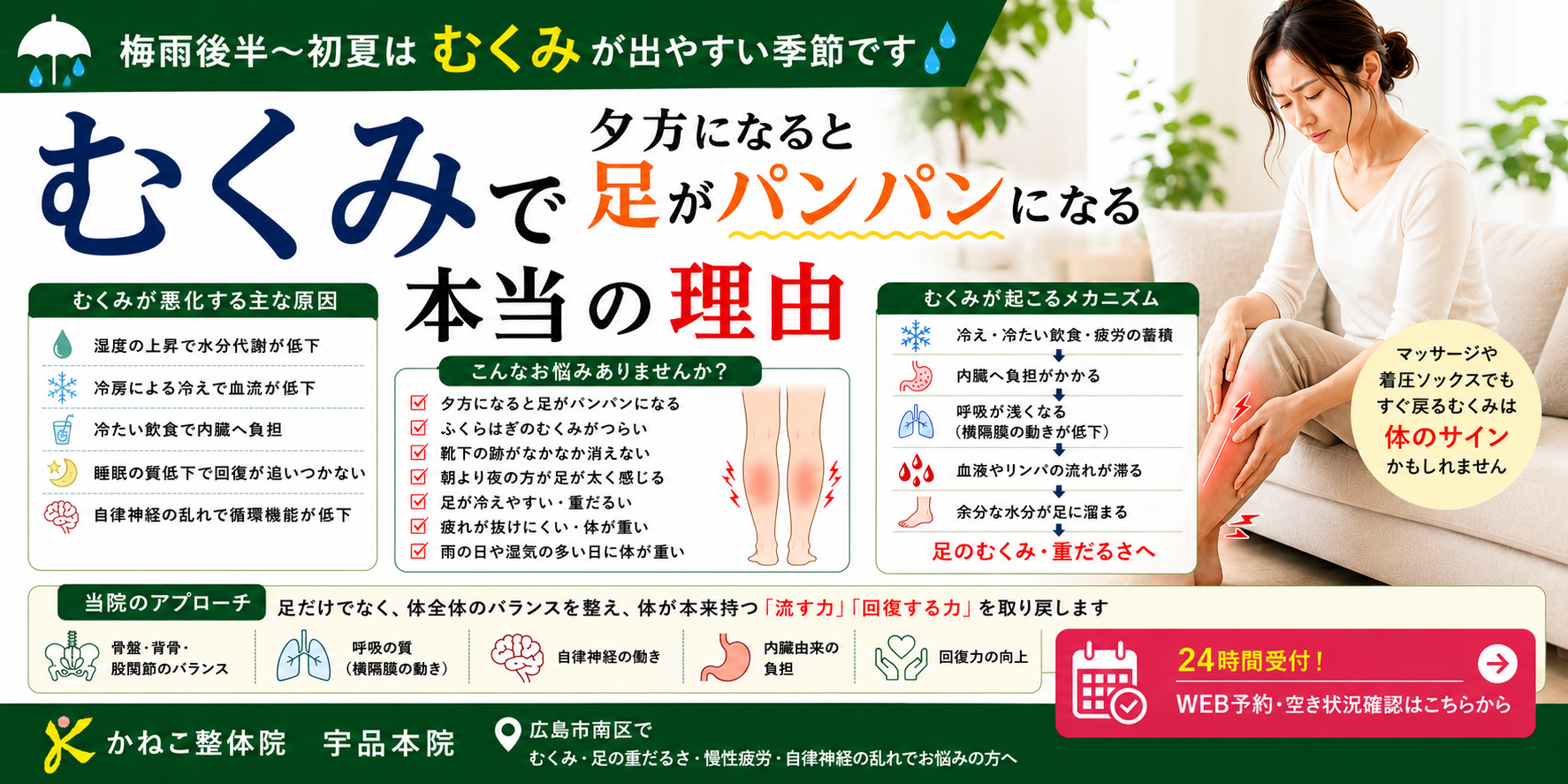 むくみで夕方になると足がパンパンになる状態｜足の重だるさや自律神経の乱れ・回復力低下が関係するむくみ｜広島市南区 かねこ整体院 宇品本院