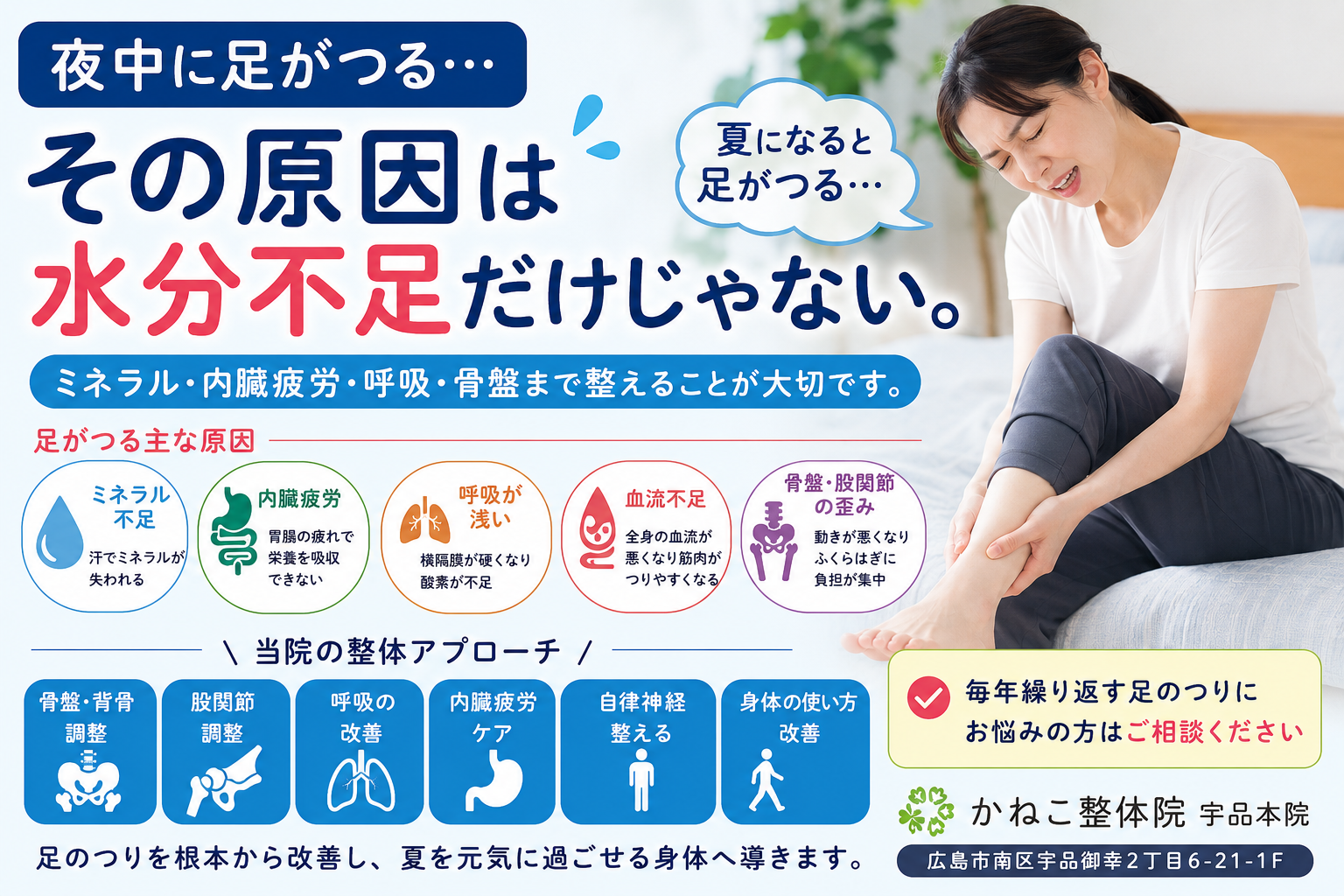 夏になると足がつる本当の原因｜こむら返り・ミネラル不足・内臓疲労・骨盤・呼吸との関係｜広島市南区かねこ整体院宇品本院
