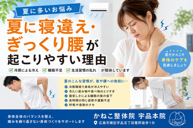夏に寝違えやぎっくり腰が起こりやすい理由｜広島市南区 かねこ整体院 宇品本院