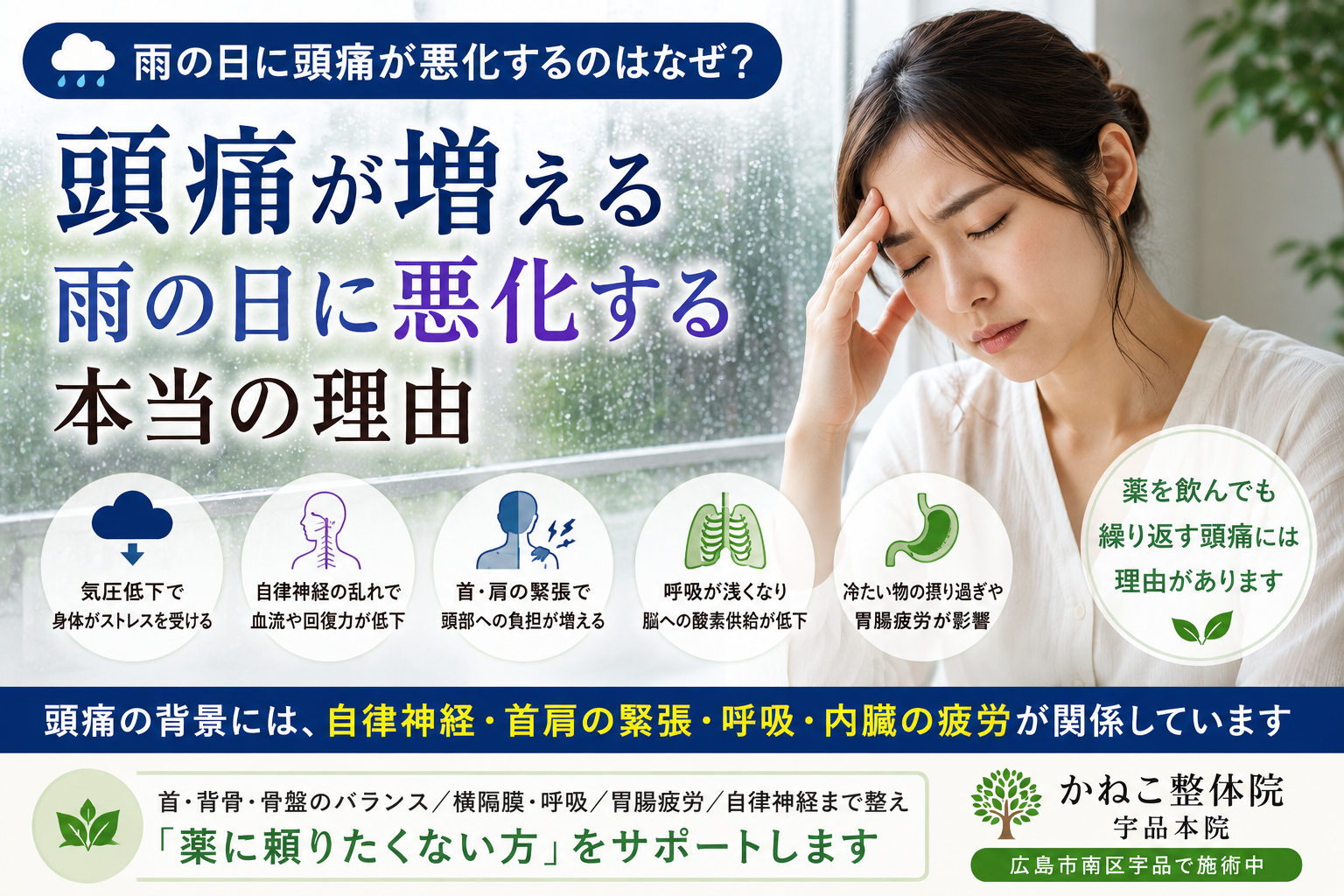 雨の日に 頭痛 が悪化し頭が重い・首肩の緊張や自律神経の乱れが関係する状態｜広島市南区 かねこ整体院 宇品本院